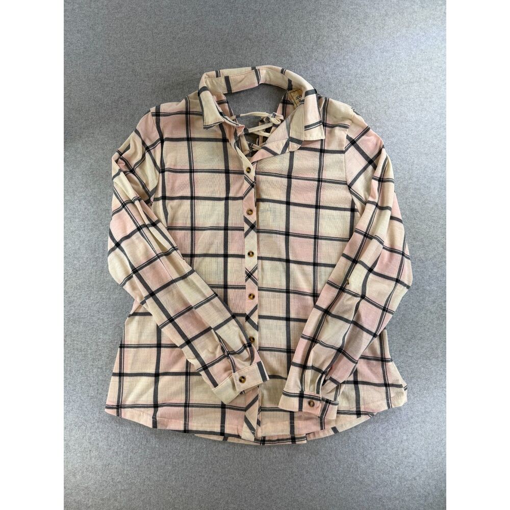 Modish Rebel Plaid Pink Cream Black Lace Up Back Shirt XXL 3297